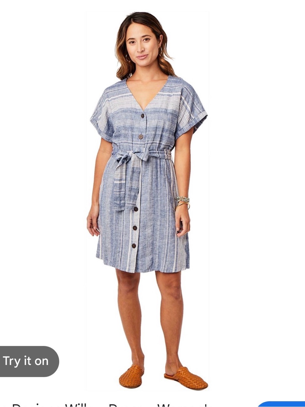 Button-Front Blue Striped Belted Dress